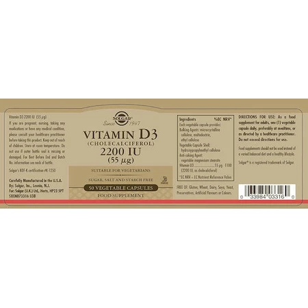 Solgar Vitamine D3 (Cholecalciferol) Vitamine voor Versterking Immuunsysteem & Vogelgezondheid 2200iu 50 veget 50 capsules