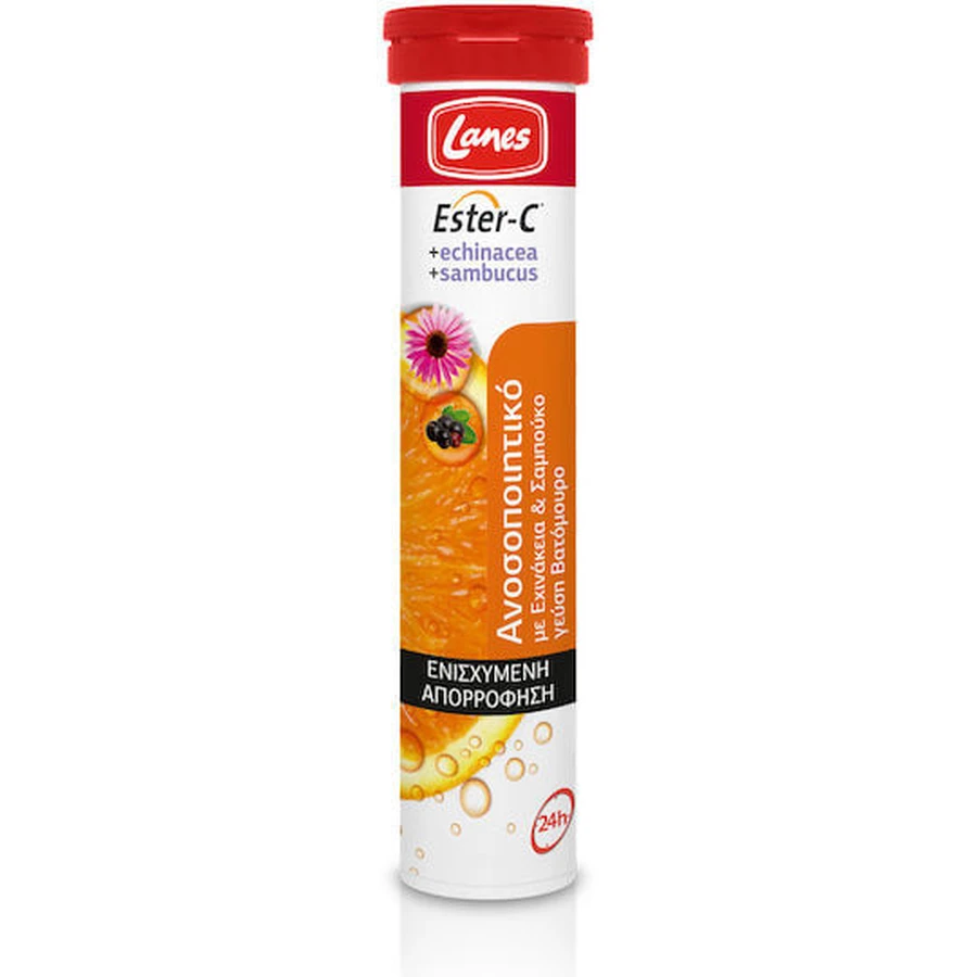 Lanes Ester-C Echinacea & Sambucus Vitamine voor Versterking Immuunsysteem, Huid & Antioxidantwerking 500mg Sinaasappel 20 tabs eff