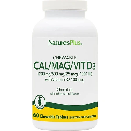 Nature's Plus Calcium Magnesium Vitamin D3 with Vitamin K2 60 Chewable Tablets Chocolate