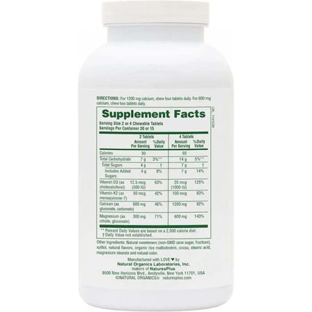 Nature's Plus Calcium Magnesium Vitamin D3 with Vitamin K2 60 Chewable Tablets Chocolate