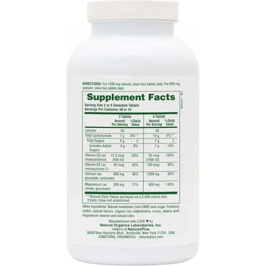 Nature's Plus Calcium Magnesium Vitamin D3 with Vitamin K2 60 Chewable Tablets Chocolate