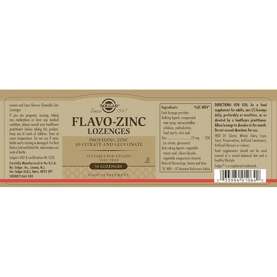 Solgar Flavo Zinc 23mg 50 Chewable Tablets Lemon Lime Flavor