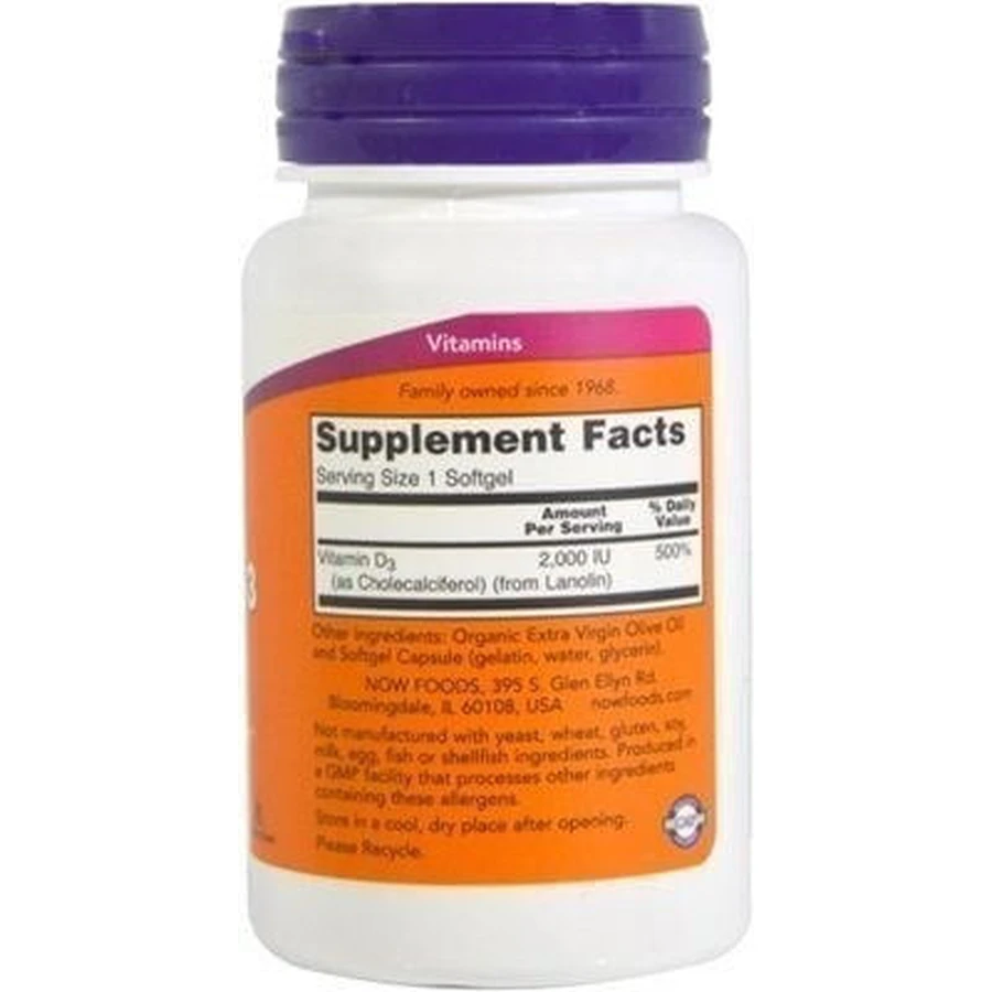 Now Foods Vitamina D-3 Vitamina para el apoyo inmunológico y la salud del huevo 2000iu 120 softgels