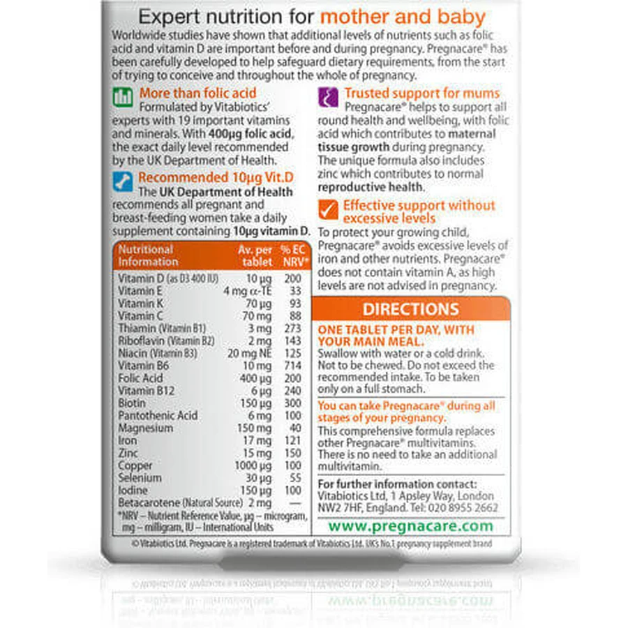 Vitabiotics Pregnacare Suplemento Original para el Embarazo 30 comp.