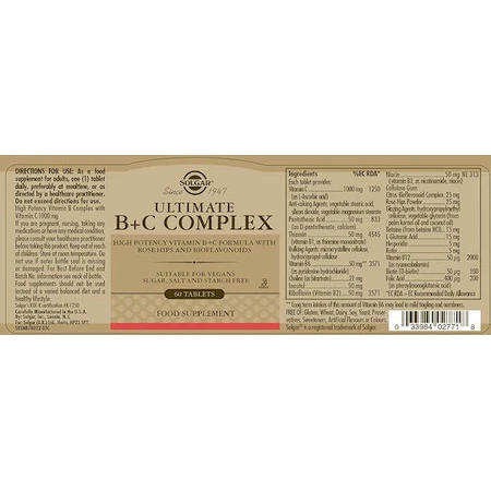 Solgar Ultimate B+C Multivitamin Complex for Energy & Immune System Strengthening 90 Comprimés