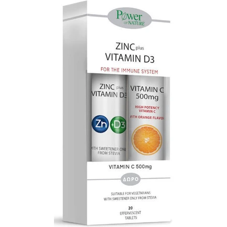 Power Of Nature 500mg 2UI Zink Plus Vitamine D3 20 tabletten bruistabletten & Vitamine C 500mg 20 tabletten bruistabletten