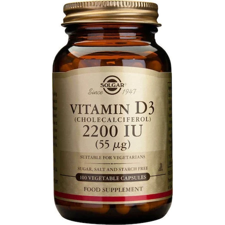 Solgar Vitamina D3 (Colecalciferol) Vitamina para el apoyo inmunológico y la salud de las aves 2200iu 100 veget 100 cápsulas
