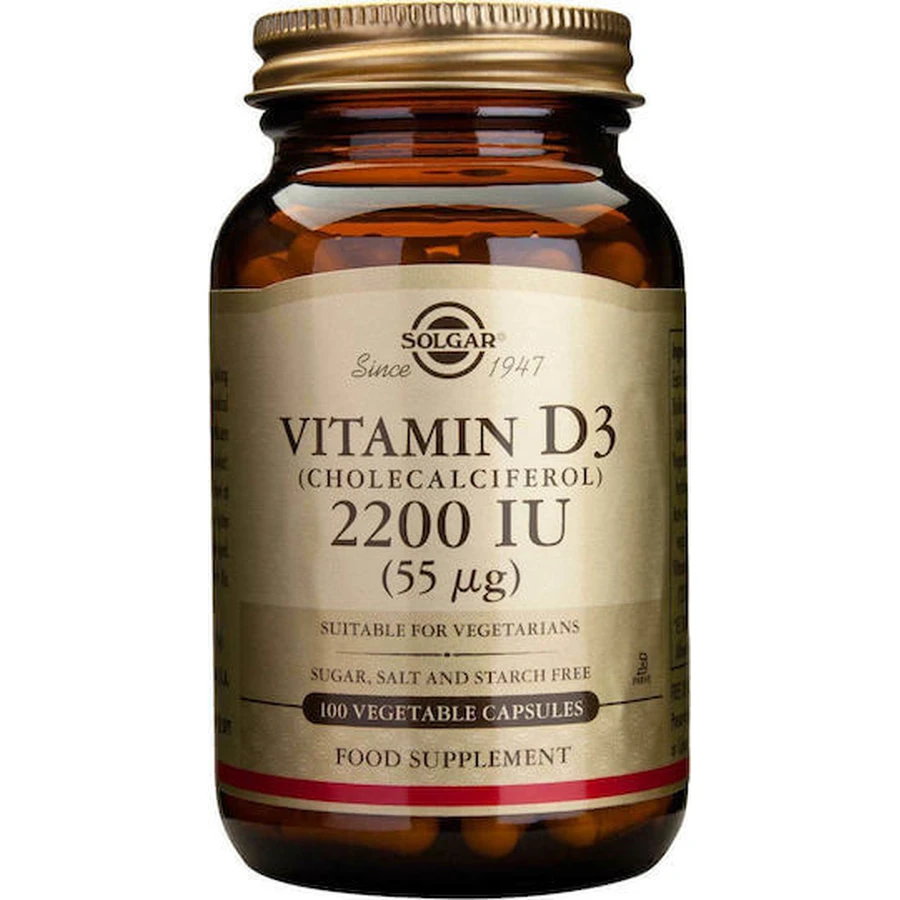 Solgar Vitamina D3 (Colecalciferol) Vitamina para el apoyo inmunológico y la salud de las aves 2200iu 100 veget 100 cápsulas