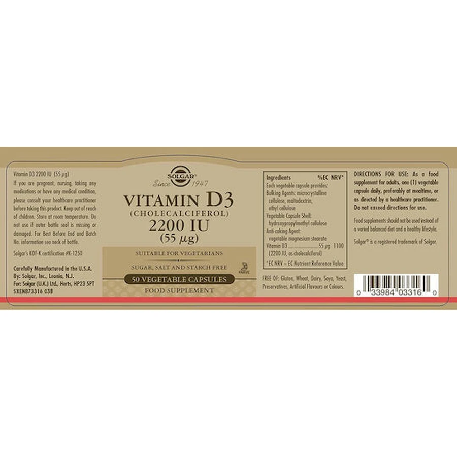 Solgar Vitamina D3 (Colecalciferol) Vitamina para el apoyo inmunológico y la salud de las aves 2200iu 100 veget 100 cápsulas