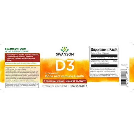 Swanson Vitamin D3 Vitamin für Immunsystem Unterstützung & Ei Gesundheit 5000iu 250 softgels