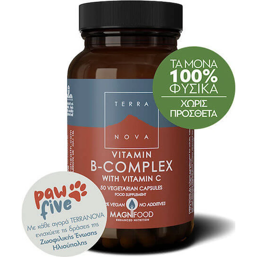 TerraNova B-Complex con Vitamina C Vitamina para el fortalecimiento energético, inmunológico y del sistema nervioso 540mg 50 cápsulas vegetales