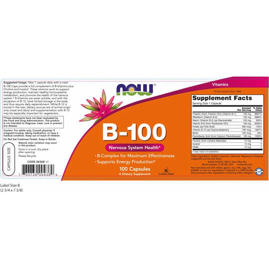 Now Foods B-100 Vitamin for Energy, Immune & Nervous System Strengthening 100 caps