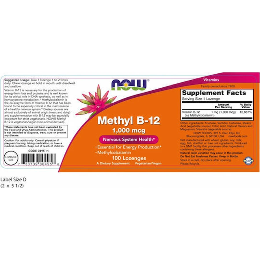 Now Foods Metil B-12 Vitamina para la salud del sistema nervioso 1000mcg 100 comprimidos sublinguales