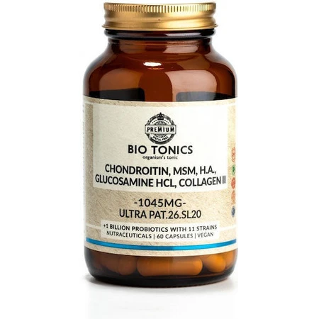 Bio Tonics Condroitina, Msm, H.a. Glucosamina Hcl, Colágeno II 1045mg Suplemento para la salud de articulaciones y huesos 60 cáps.