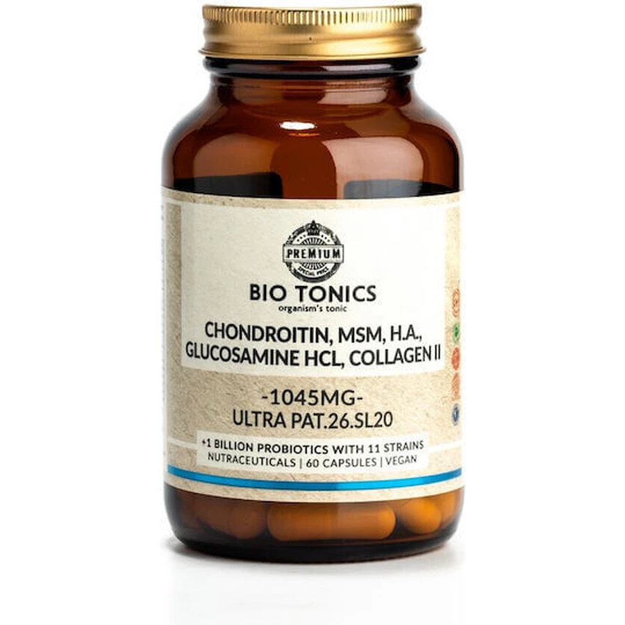Bio Tonics Condroitina, Msm, H.a. Glucosamina Hcl, Colágeno II 1045mg Suplemento para la salud de articulaciones y huesos 60 cáps.