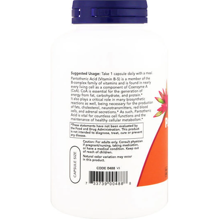 Now Foods Vitamina Ácido pantoténico para el fortalecimiento energético, inmunológico y del sistema nervioso 500 mg 100 cáps.