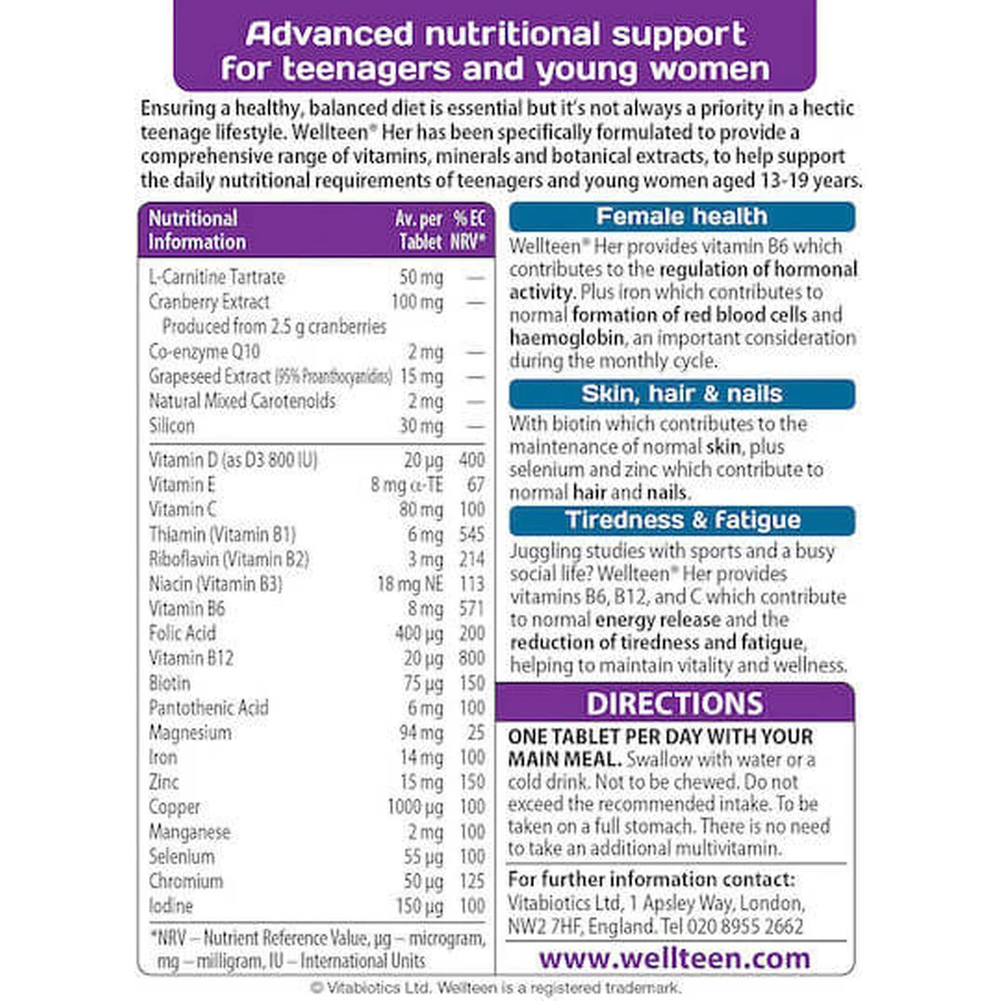 Vitabiotics Wellteen Her Multivitamin for Energy & Immune System Boost 30 Comprimidos
