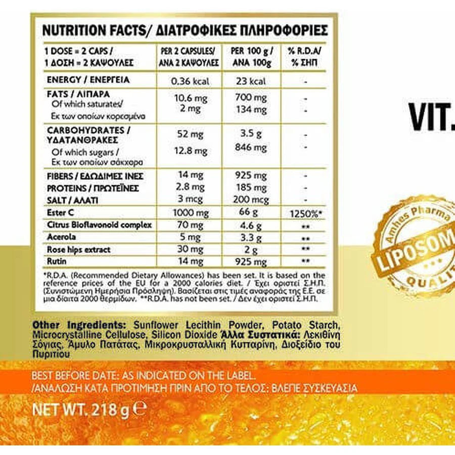 John Noa Liposomal Vitamin C as Ester C Vitamin for Immune System Strengthening, Skin & Antioxidant Action 1000mg 60 veget capsules