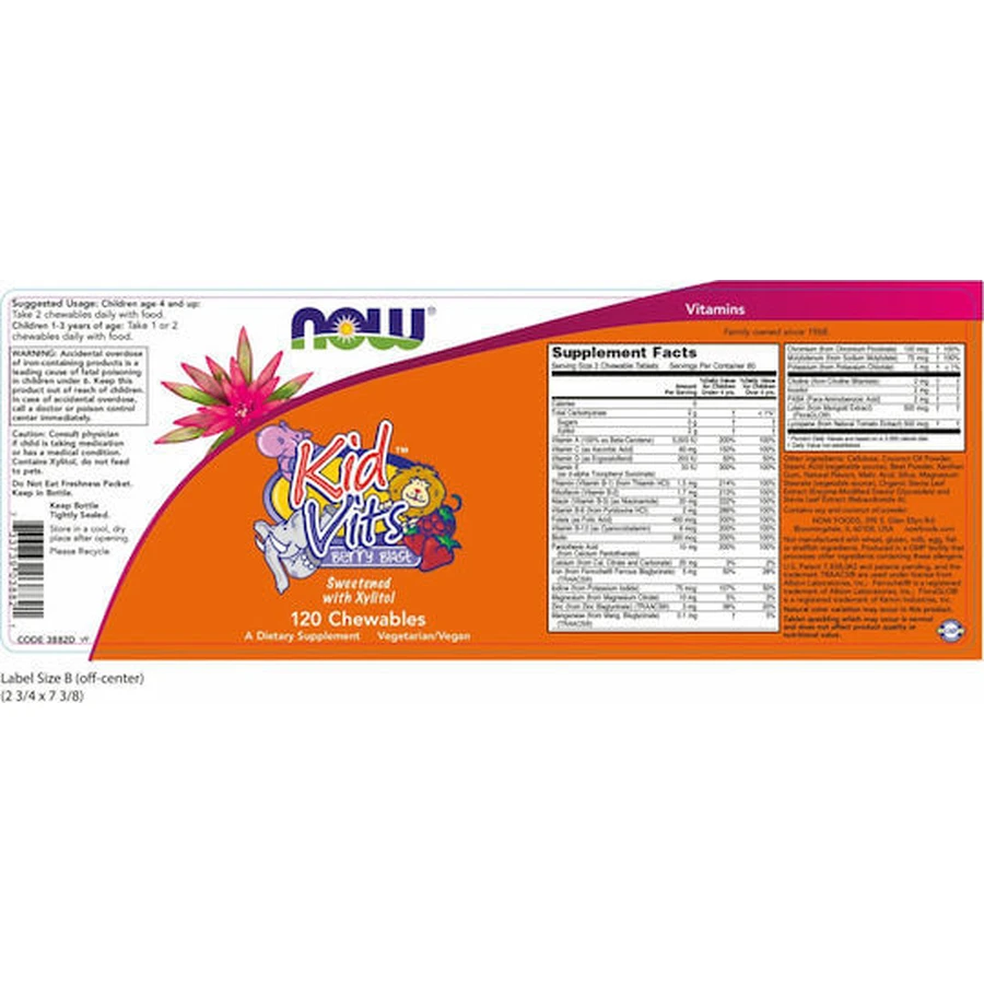 Now Foods Kid Foods Kid Vits Berry Berry Blast Multivitamine voor energie, versterking immuunsysteem & haar Berry Blast 120 kauwtabletten