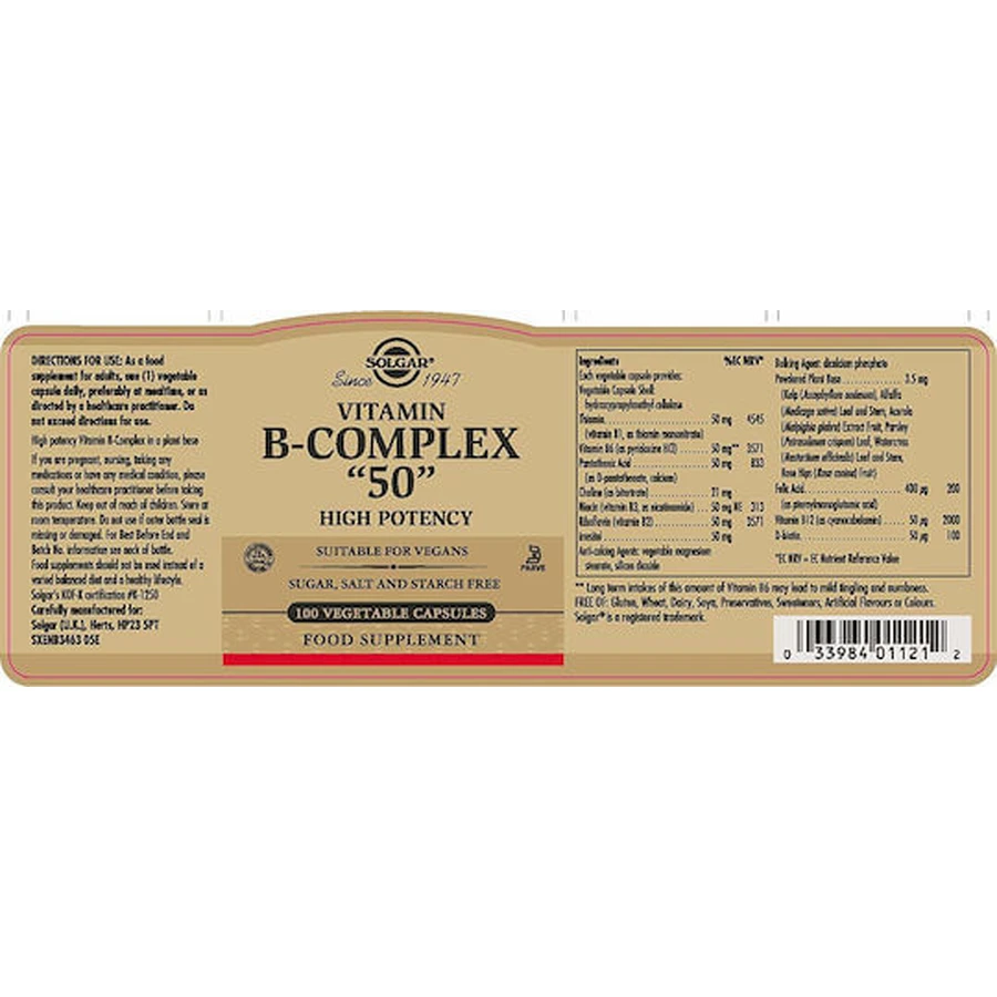 Solgar B-Komplex "50" Vitamin für Energie, Immun- und Nervensystem Stärkung 50mg 50 Gemüsekapseln