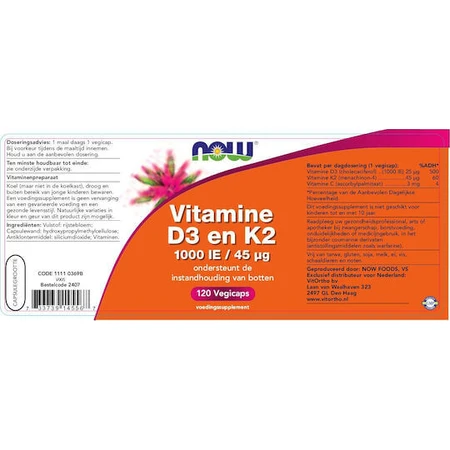 Now Foods Vitamine D-3 & K-2 voor versterking van immuunsysteem en eiergezondheid 1000iu 120 vegetatie 120 capsules