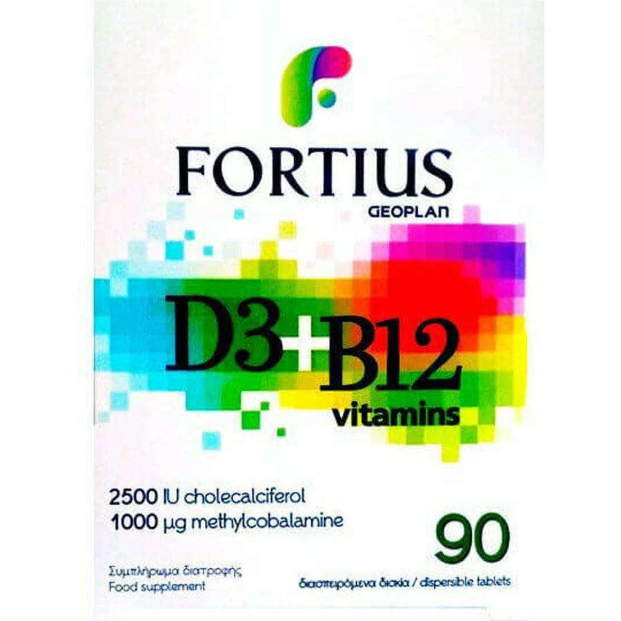 Geoplan Nutraceuticals Fortius D3 & B12 2500iu 1000mg Multivitamine voor energie, immuunsysteem en versterking van het zenuwstelsel 2500iu 1000mg 90 tabletten