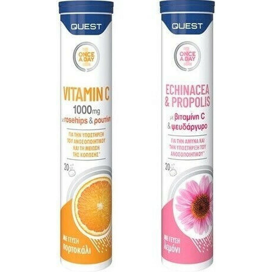 Quest Vitamin C & Echinacea & Propolis Vitamin C & Echinacea & Propolis 20 Brausetabletten für das Immunsystem, die Haut und die antioxidative Wirkung 1000mg Multi Flavours