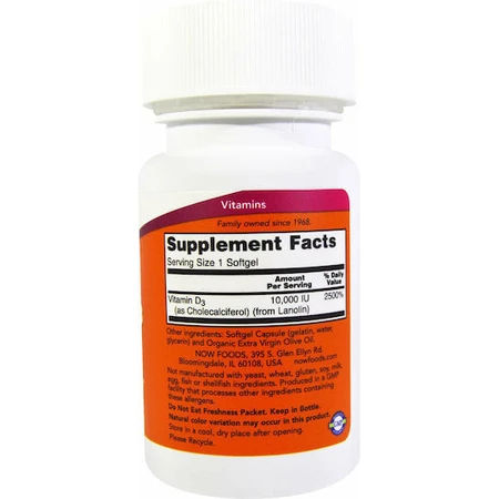 Now Foods Vitamina D-3 Vitamin for Immune Support & Egg Health 10000iu 120 softgels