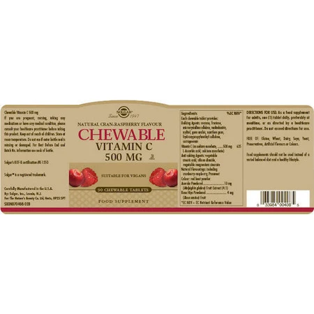 Solgar Kauwbare Vitamine C voor Immuunsysteem, Huid & Antioxidantwerking 500mg 90 kauwtabletten