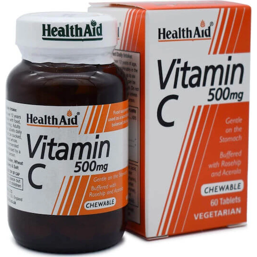 Health Aid Vitamin C Vitamin zur Unterstützung des Immunsystems, der Haut und der antioxidativen Wirkung 500mg Orange 60 x { chew_tabs | divided_by:temaxia }} Kautabletten