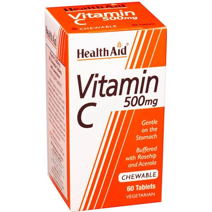 Health Aid Vitamin C Vitamin zur Unterstützung des Immunsystems, der Haut und der antioxidativen Wirkung 500mg Orange 60 x { chew_tabs | divided_by:temaxia }} Kautabletten