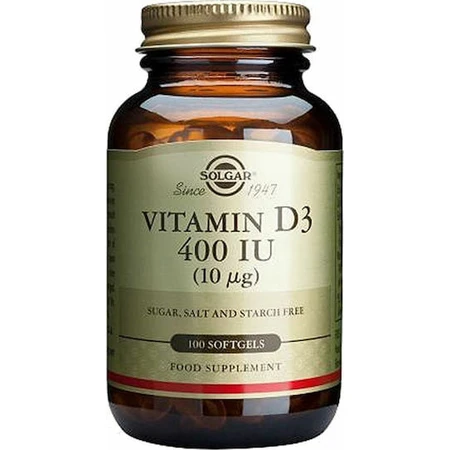 Solgar Vitamina D3 (Colecalciferol) Vitamina para el fortalecimiento del sistema inmunológico y la salud de los huevos 400iu 100 softgels