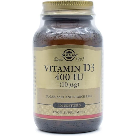 Solgar Vitamina D3 (Colecalciferol) Vitamina para el fortalecimiento del sistema inmunológico y la salud de los huevos 400iu 100 softgels