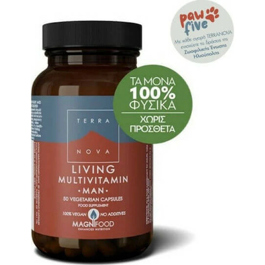 TerraNova Living Multivitamine Man Multivitamine voor energie, versterking immuunsysteem & haar 50 plantaardige capsules