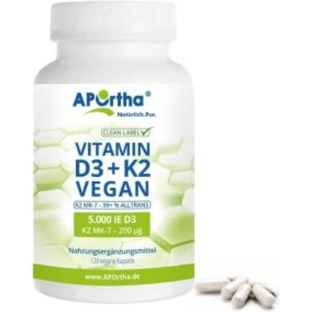 Aportha Vitamin D3 + K2 200 Veganes Vitamin zur Stärkung des Immunsystems und der Eiergesundheit 5iu 120 Kapseln