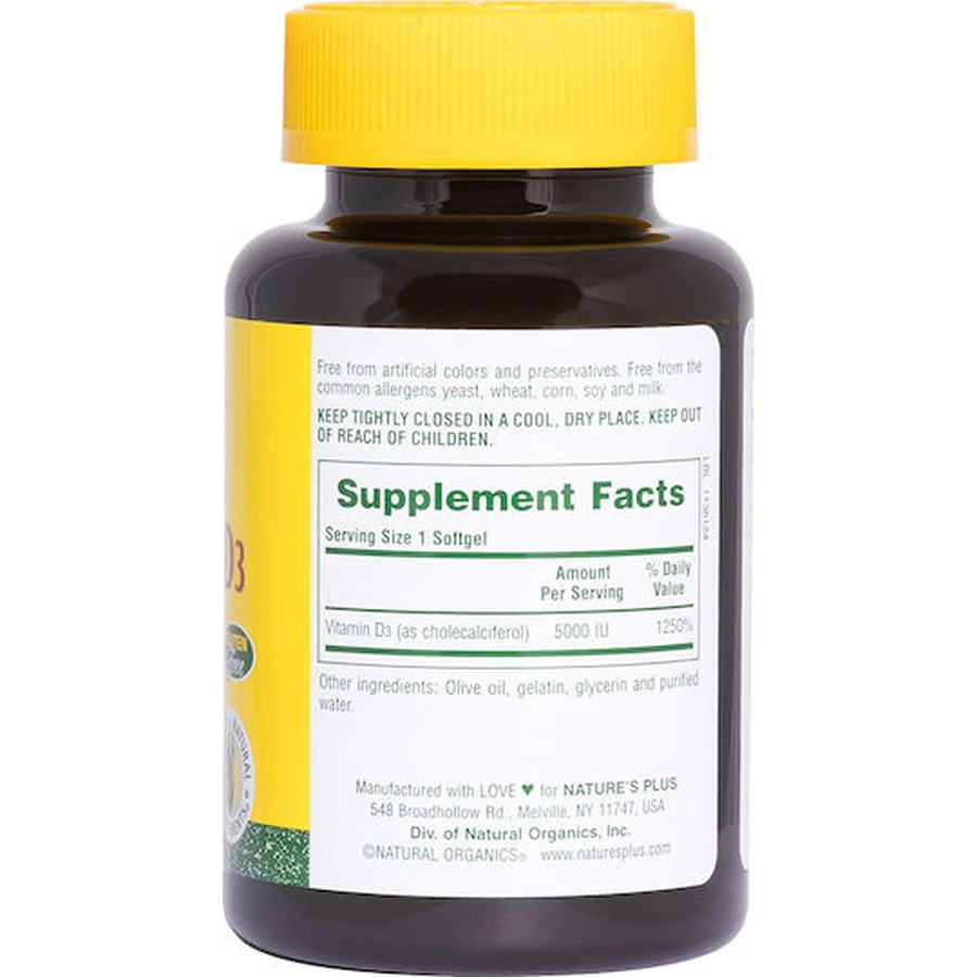 Nature's Plus Vitamina D3 para el sistema inmunitario y la salud de los huevos 5000iu 90 cápsulas blandas