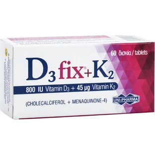 UNI-PHARMA D3 Fix + K2 Vitamine voor versterking immuunsysteem & ei-gezondheid 800iu 45mcg 60 tabletten