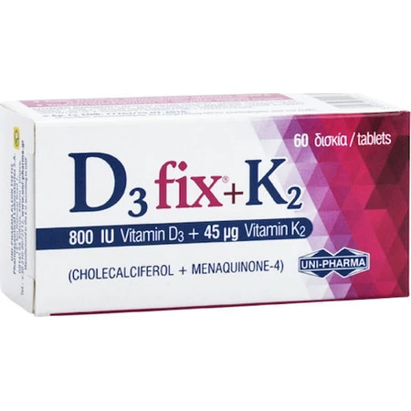 UNI-PHARMA D3 Fix + K2 Vitamine voor versterking immuunsysteem & ei-gezondheid 800iu 45mcg 60 tabletten