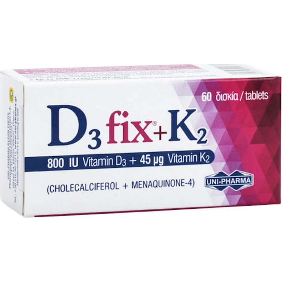UNI-PHARMA D3 Fix + K2 Vitamine voor versterking immuunsysteem & ei-gezondheid 800iu 45mcg 60 tabletten