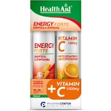 Health Aid Energy Forte Sabor Fruta Tropical 20 Comprimidos Efervescentes & Vitamina C 1000mg Sabor Naranja 20 Comprimidos Efervescentes