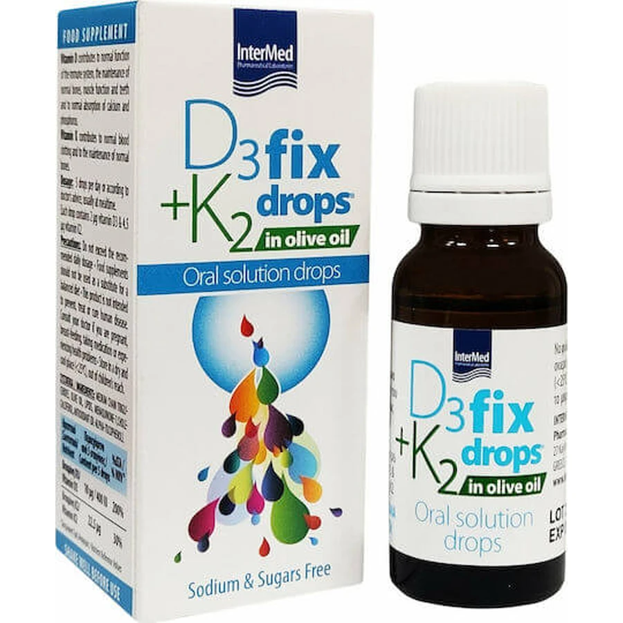 InterMed D3 + K2 Fix Drops In Olive Oil Vitamin for Immune System Strengthening & Egg Health 12ml