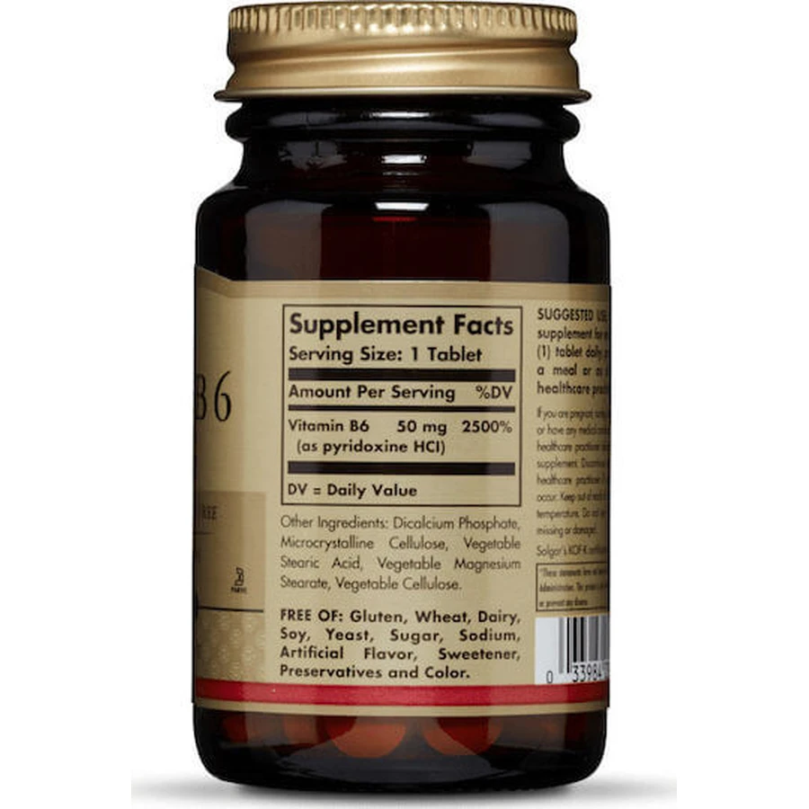Solgar Vitamin B6 Vitamin for Nervous System Health 50mg 100 Tablets