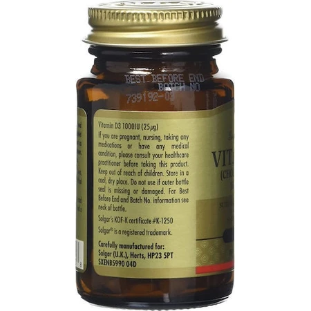 Solgar Vitamina D3 Vitamina para el Apoyo Inmunológico y la Salud del Huevo 1000iu 90 Comprimidos