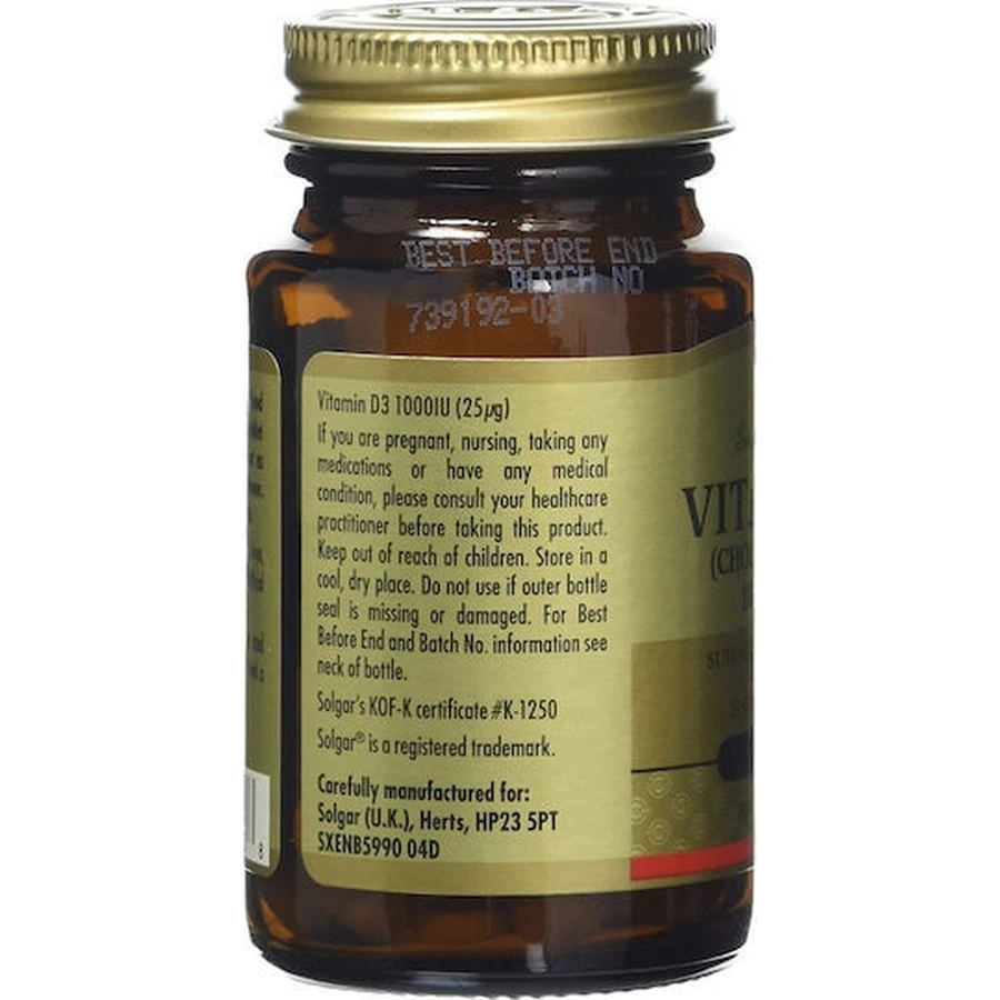 Solgar Vitamina D3 Vitamina para el Apoyo Inmunológico y la Salud del Huevo 1000iu 90 Comprimidos