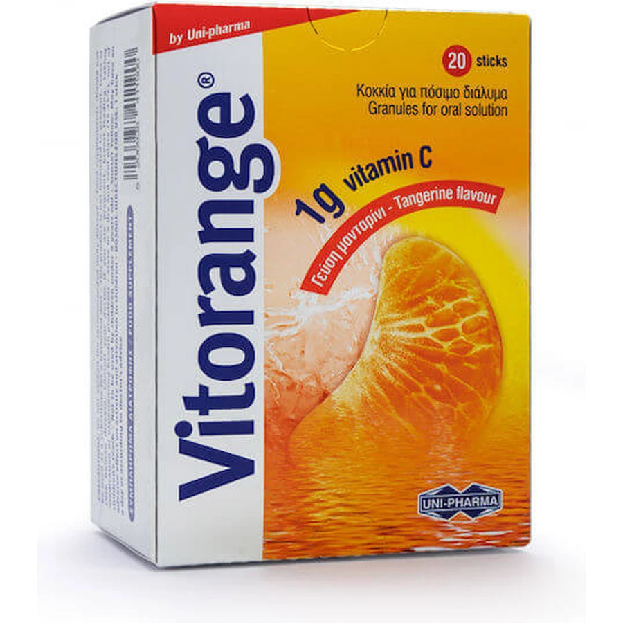 UNI-PHARMA Vitorange Vitamina para el fortalecimiento inmunológico, la piel y la acción antioxidante 1000mg Mandarina 20 sobres