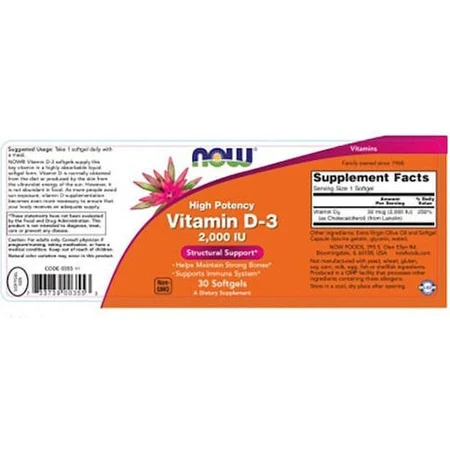 Now Foods Vitamina D-3 Apoyo Inmunológico y Salud del Huevo 2000iu 30 cápsulas blandas