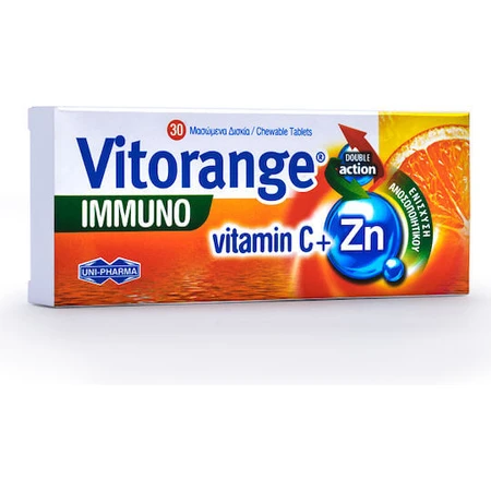 UNI-PHARMA Vitorange Immuno Vitamine C + Zn Multivitamin for Energy & Immune System Strengthening Orange 30 comprimés à croquer