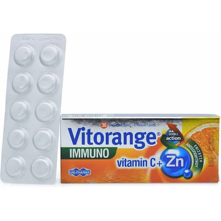 UNI-PHARMA Vitorange Immuno Vitamine C + Zn Multivitamin for Energy & Immune System Strengthening Orange 30 comprimés à croquer