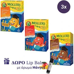 Moller's children's Omega-3 gummies with orange, lemon, cola and strawberry flavors