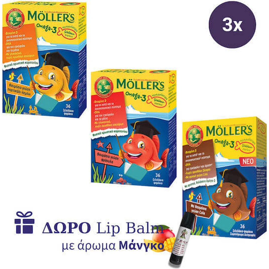 Moller's children's Omega-3 gummies with orange, lemon, cola and strawberry flavors